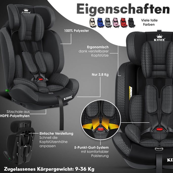 KIDIZ® Siège auto pour enfants et bébé 9-36 kg Groupe 1+2+3 Ceinture de sécurité à 5 Points Appuie-tête réglable ECE R129/03 Noir