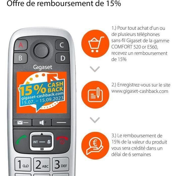 Teléfono inalámbrico Gigaset DECT, plateado - giga e 560 plateado