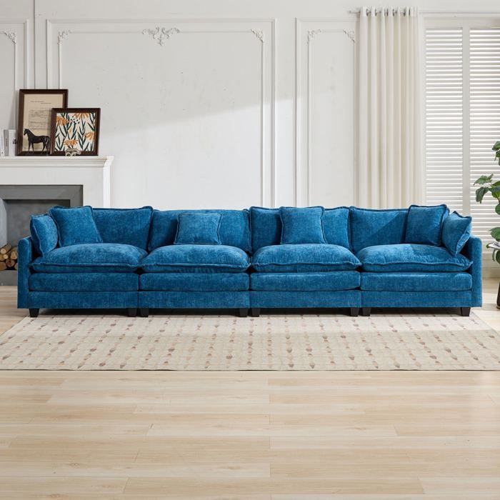 Canapé modulable 4 places en chenille bleu FloraGrace