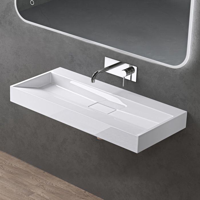 Doporro Wall-Mounted Washbasin with Drain, White, 90x46x11cm, Rectangular Hand Basin, No Drilling Required, Colossum19