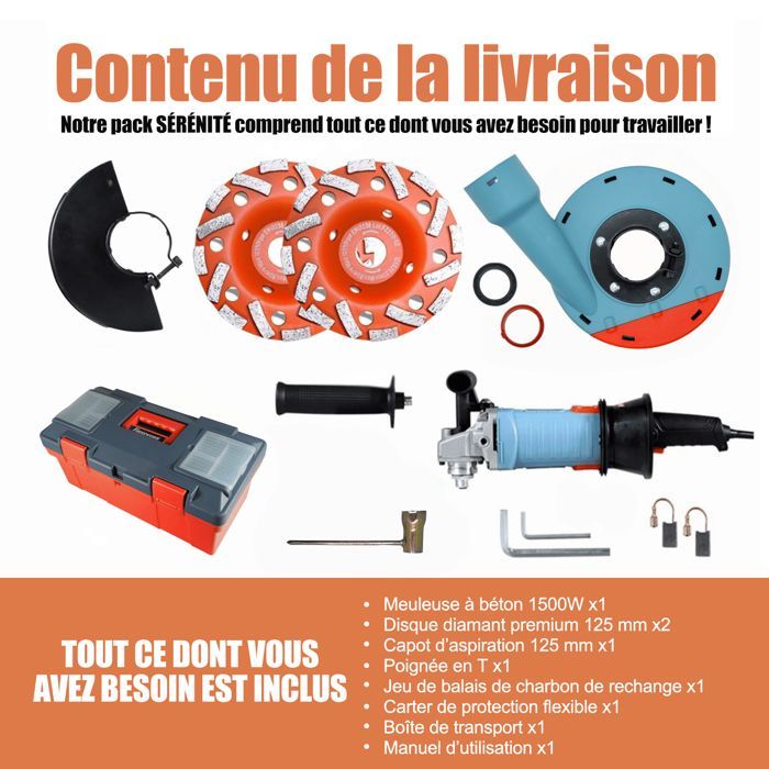 Ponceuse à béton - FANZWORK - HG0007-2 - 1500 W - 2 meule diamantée 125mm - vitesse réglable