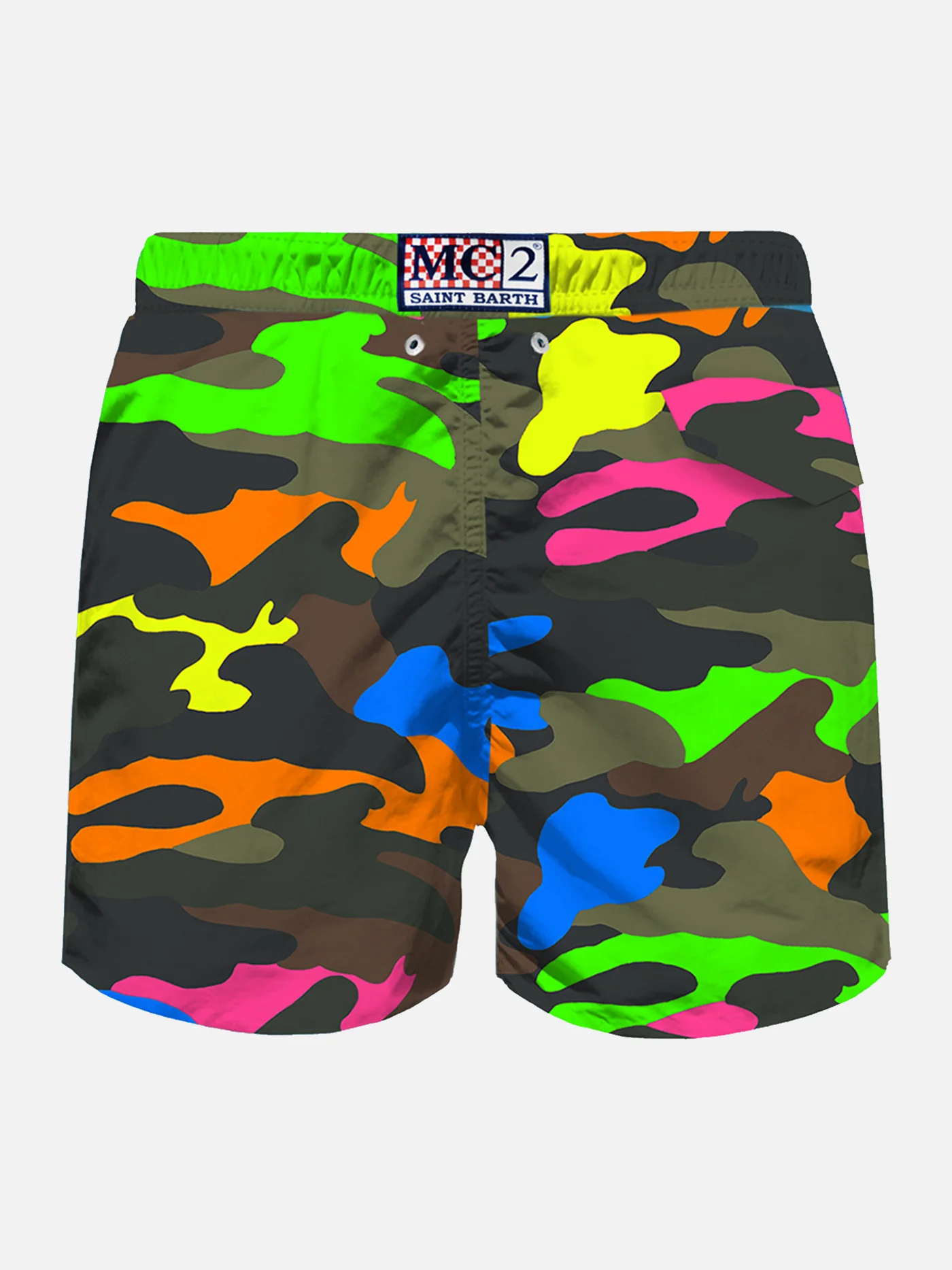 Man Classic Swim Shorts | Fluo Camouflage All-Over Print, Light Fabric, Quick Drying, Elastic Waistband, Mid-Length | MC2 Saint Barth