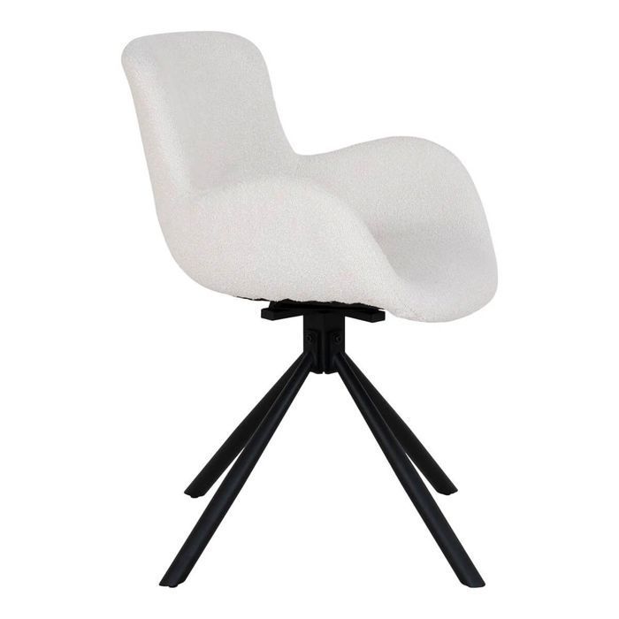 HERMOS - Juego de 2 sillas de comedor en tela bouclé blanca con base giratoria de metal negro.