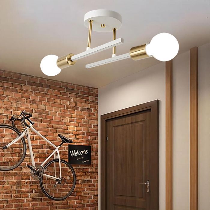 Lámpara de techo industrial retro WOTTES, 2 cabezales E27, aplique de pared escandinavo - Blanco y cobre - 1 unidad para pasillo de loft