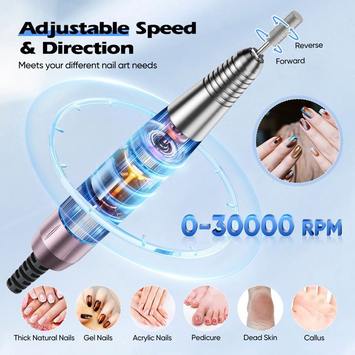 4 en 1 Ponceuse à ongles électrique, 30000 tr/min aspirateur puissant 80 W, lumière LED rotative 6 W, silencieuse, avec 3 limes