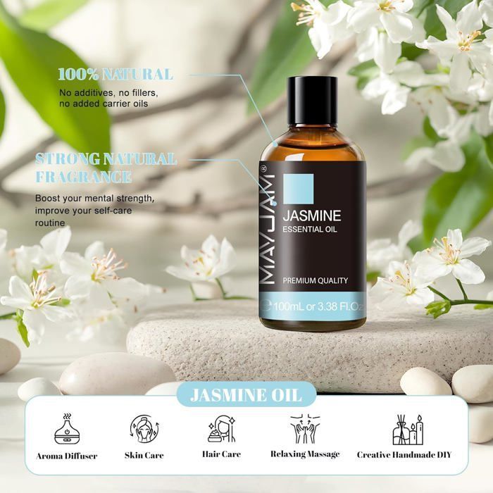 Aceite esencial de jazmín 100 ml, aceite de jazmín 100% puro, ideal para aromaterapia, difusor de aromas y aceite de masaje perfumado.