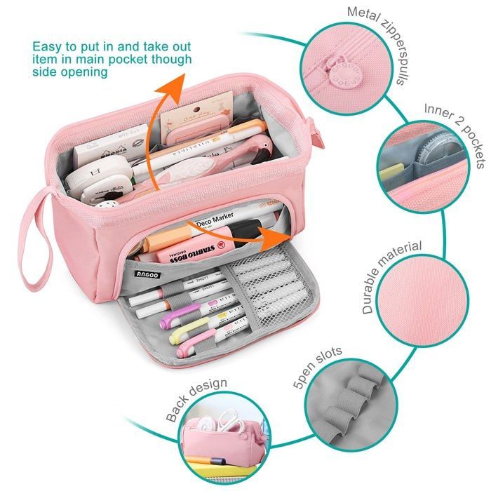 Pencil case - Pink - Large - Zipped - Canvas - Multifunctional