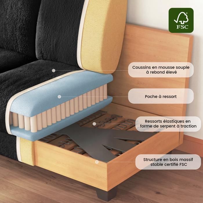 Extra-large modular U-shaped corner sofa, double-layer cloud seat cushion, 2 removable ottomans, black teddy velvet fabric