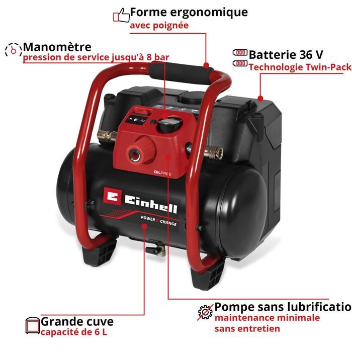 Einhell TE-AC 36/150 Li OF-Solo PXC Cordless Compressor (36V, 8 bar max, 6L tank) Supplied without battery or charger