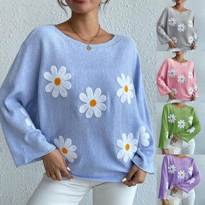 Pull en Tricoté Femme Broderie Fleurs Coupe décontractée Manches Longues - Gris