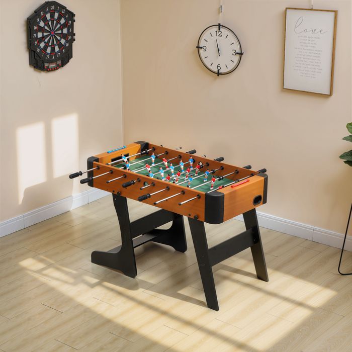 Mesa de futbolín plegable de madera con soporte, 2 pelotas, 22 jugadores, 118 x 107,5 x 78 cm, marrón.