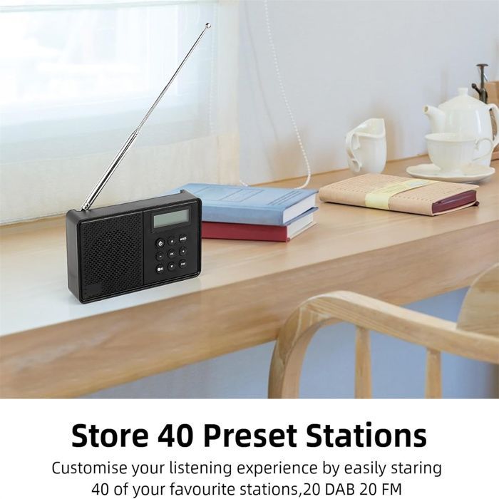 WOVTE Portable DAB+ Radio: Rechargeable FM digital radio with Bluetooth, mains or battery power, 40 presets
