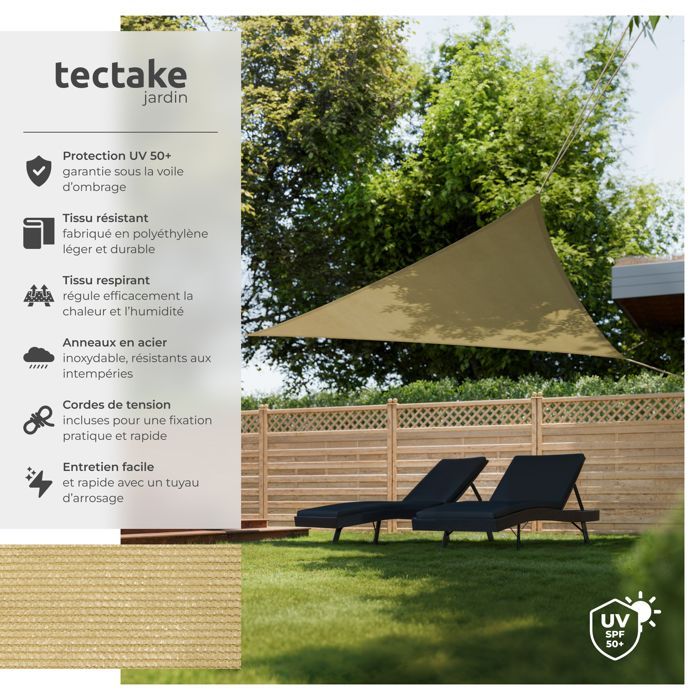 TECTAKE Shade Sail - Triangular polyethylene shade sail 4 x 4 x 4 m - Beige