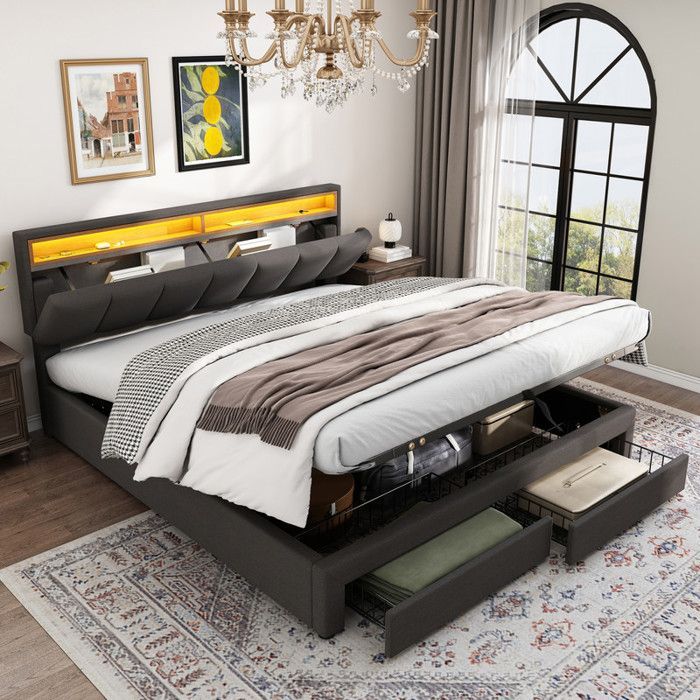 Lit coffre 160 x 200 cm,lit 2 places rangement,rangement dans la tête de lit capitonné,Lit 160x100 avec sommier,lit adulte,gris lin