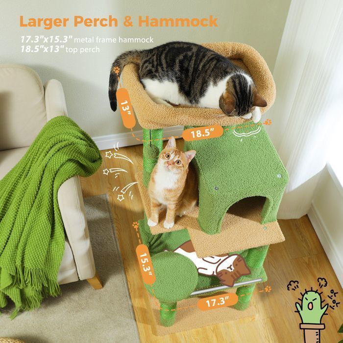 PAWZ Road Krabpaal, Ruim Ontwerp, Grote, Stevige Hangmat met Hangmat en Mooi Kattenhuis - Groene Cactus - 143 cm