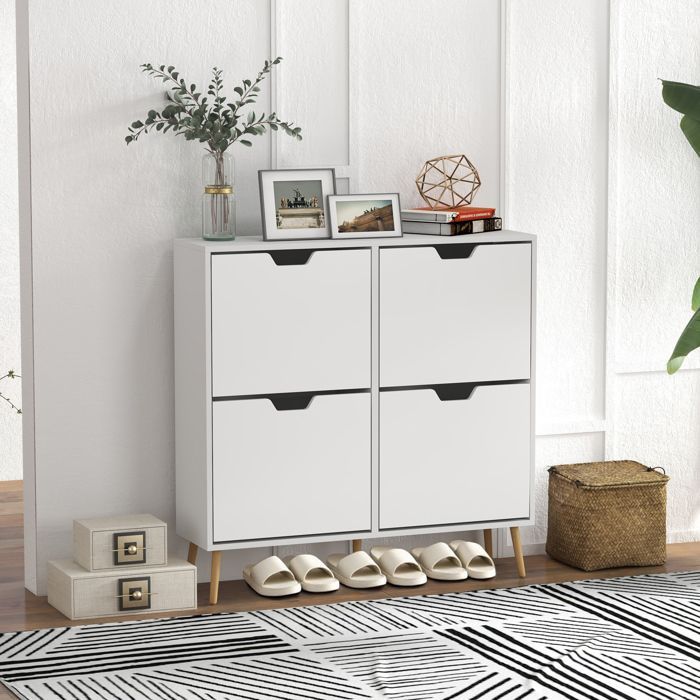 Shoe cabinet - HOMCOM - 4 drop-down doors - 16 pairs - adjustable shelf - pine wood legs - large capacity - white