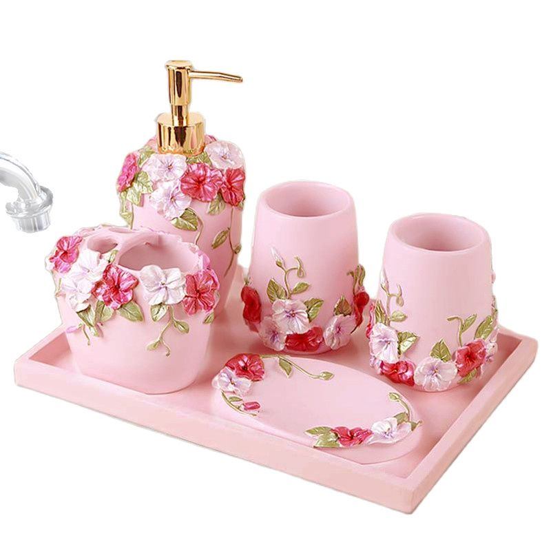 Juego de baño con flores de rosas rosadas, kit de artículos de baño, juego de regalo de boda, bandeja de almacenamiento, decoración de baño