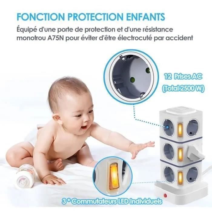 2500W Tour Multiprise Électrique,Tour Multiprise Parafoudre avec 12 Prises et 4 Ports USB,Multiprise USB-3 Interrupteurs Individuel