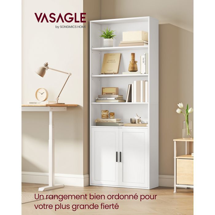 VASAGLE Bibliothèque, Étagère Haute sur 6 Niveaux, avec Portes, Meuble de Rangement Ouvert, 24 x 60 x 175 cm, Salle à Manger, Blanc