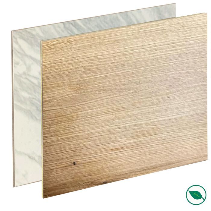 Reversible HPL laminate kitchen splashback, white marble/light oak, 3000 x 640 x 13.4 mm, FSC certified, FORESTEA certified. Dimensions: 3000 mm x 640 mm