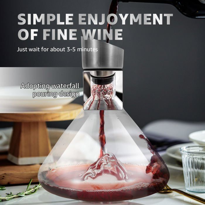 Carafe à vin rouge Iceberg avec aérateur, verre cristal, 1500 ml, acier inoxydable, bec verseur anti-gouttes(transparent)