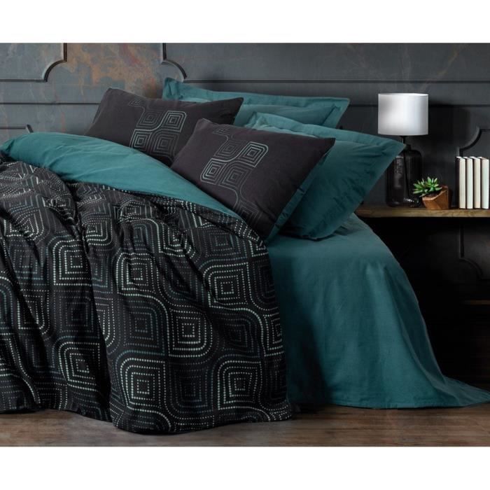 Parure de lit - 1 housse de couette 220 x 240 cm + 2 taies d'oreiller 60 x 60 cm - 100% coton renforcé - Bleu
