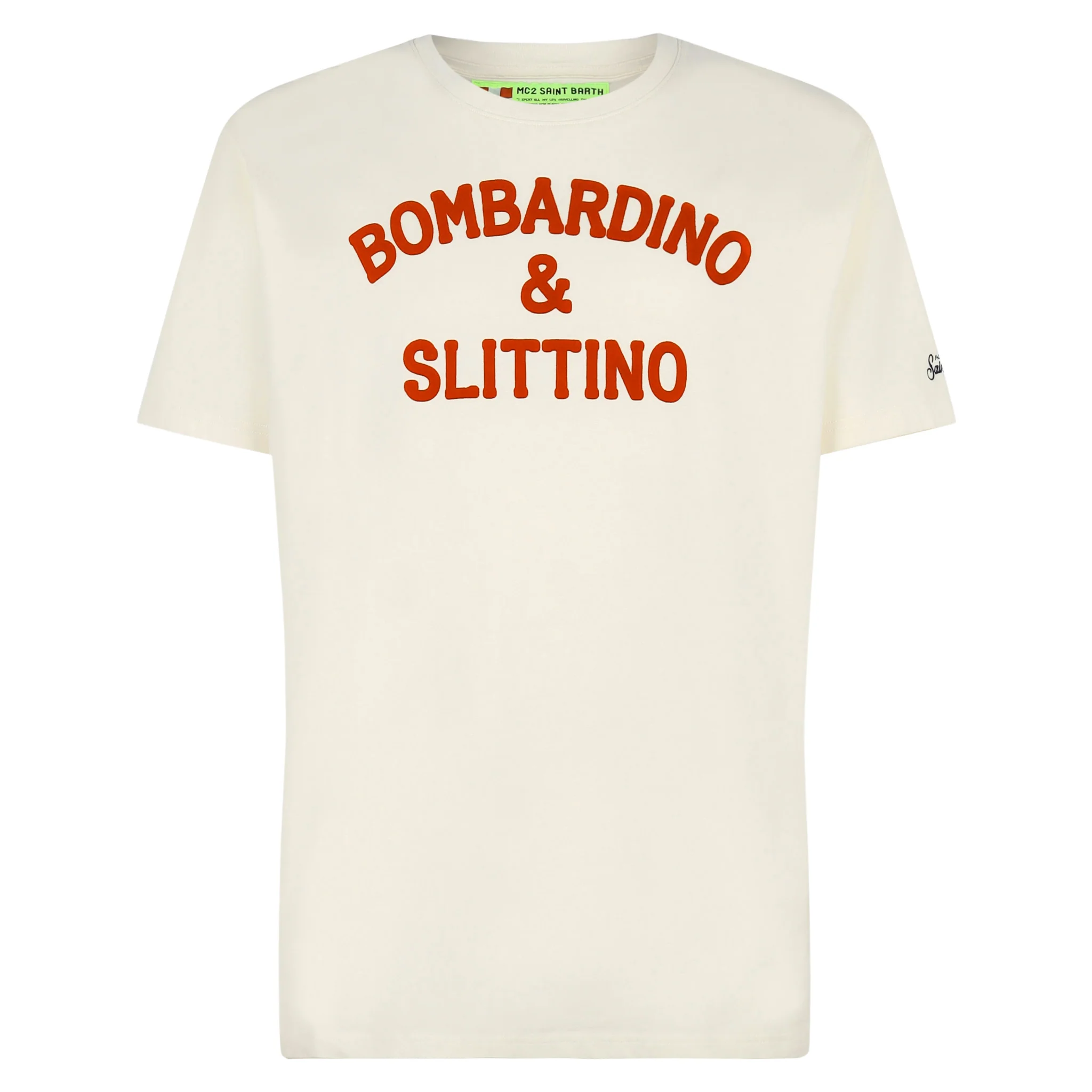 Wit heren T-shirt met rode Bombardino- en slee-print.