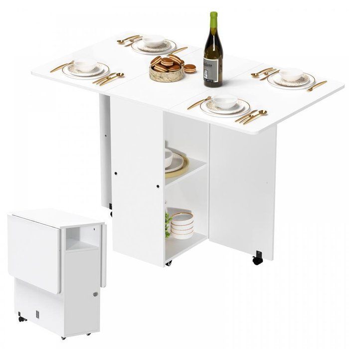 MIPAN.Table à Manger - Table à Manger Pliante Cuisine - Avec roulettes + Compartiment de Rangement -110 * 70 * 78 - Blanc