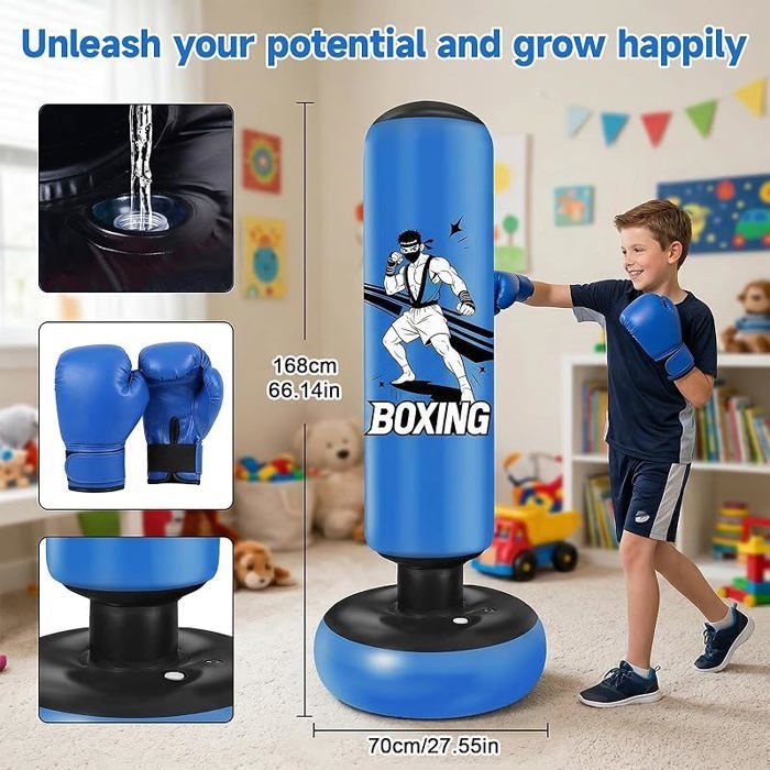 Sacco da boxe autoportante per bambini, 168 cm, blu, con guantoni e pompa, palla da boxe per bambini, karate e taekwondo, per ragazze