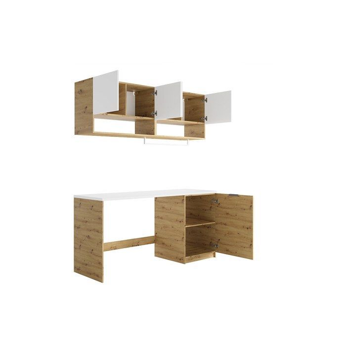 Mueble de lavandería para lavadora con encimera - 182 cm de ancho - Blanco y natural claro - NATAJI