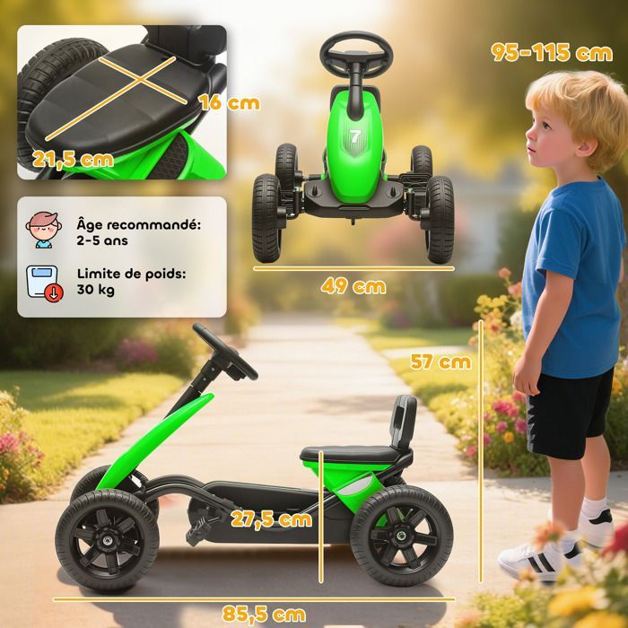 Kart à pédales pour enfants - AIYAPLAY - roues EVA silencieux, avancer et reculer - 85,5 x 49 x 57 cm - plastique et métal - vert
