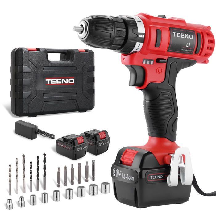 Perceuse-visseuse sans fil TEENO 21V - 2 batteries Lithium-Ion - 2 vitesses - 22 accessoires
