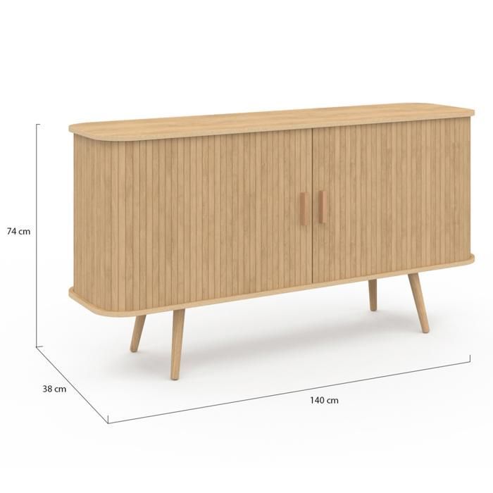 Aparador IDMARKET ROMIE de 140 cm con 2 puertas correderas, listones de madera y acabado en roble.