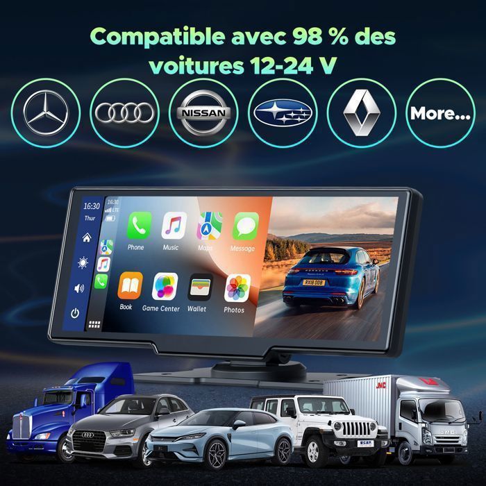 CAMPARK Auto Radio de 10'' con Carplay inalámbrico, cámara frontal 2.5K+1080P y cámara trasera con pantalla táctil para Apple Carplay/Android Auto.