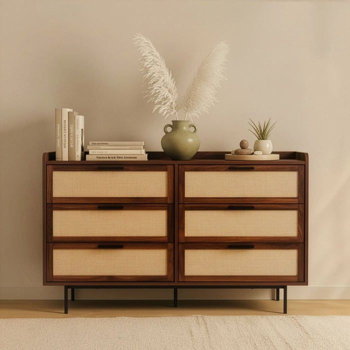 CALICOSY - Commode 6 Tiroirs décor noyer avec façades en tissu L120 cm - JETSON - Bois foncé