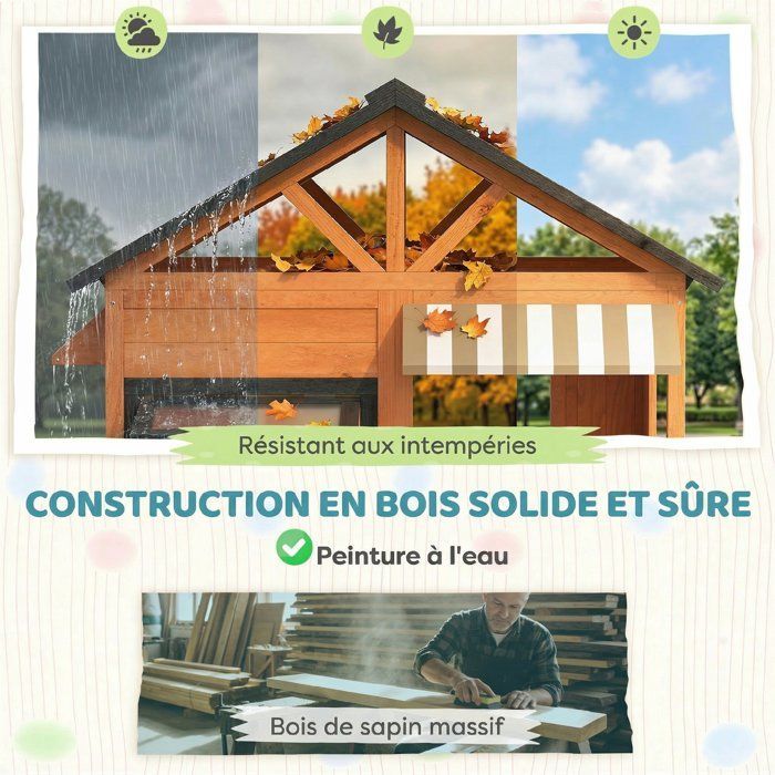 Casita de juegos de madera para exteriores para niños, cocina de juguete para interior/exterior con ventanas, puerta y banco, color marrón.