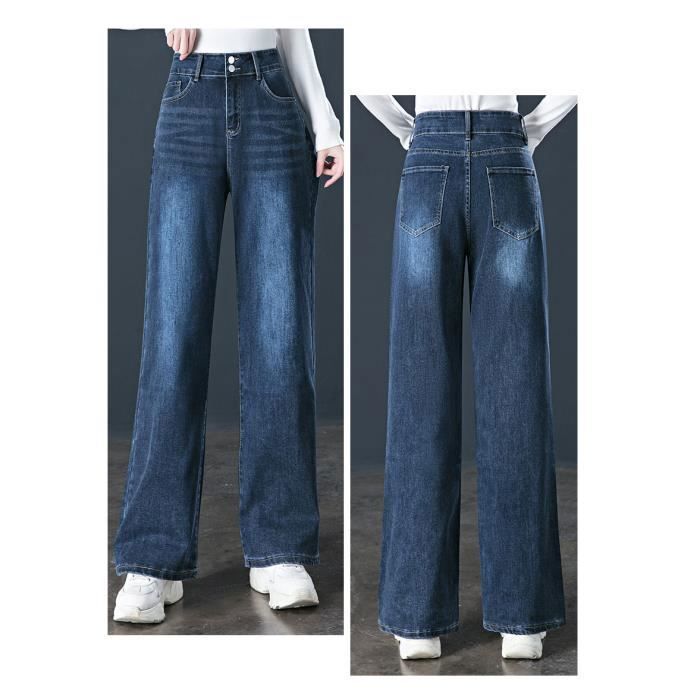 Jeans da donna elasticizzati, gamba dritta, vita alta, chiusura con bottone e zip, traspiranti e comodi per la primavera e l'estate - Blu scuro