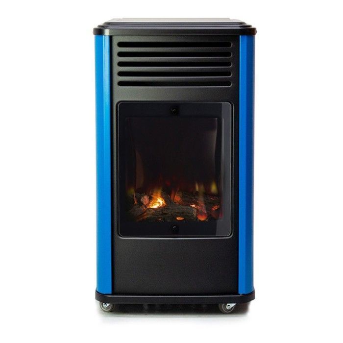 Estufa de gas azul y negra de 3,4 kW - Calentador auxiliar con efecto de fuego de leña Manhattan Sahara