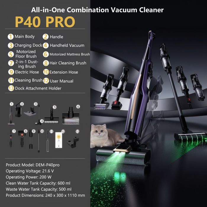 Aspirateur balai laveur - BLOSSOM - P40 ProW - 45 kPa - 60 min autonomie - 0,56 L bac