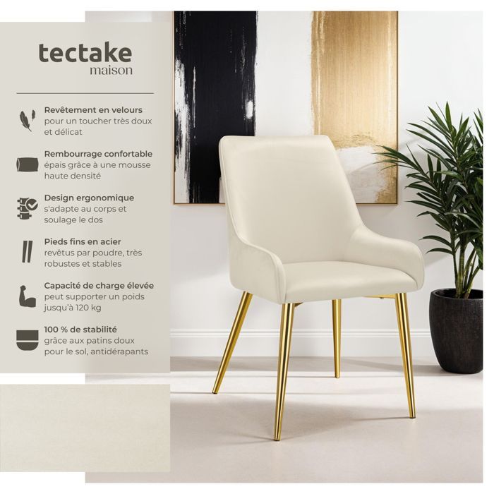 Chaises - TECTAKE - Lot de 6 chaises rembourrées style scandinave AVANE aspect velours forme ergonomique et dossier haut - Beige