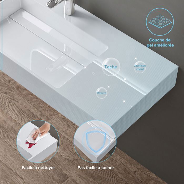 Lavabo mural blanco doporro de 75 cm, lavabo de encimera con desagüe, lavabo rectangular de 75 x 43 x 14 cm Colossum12-L