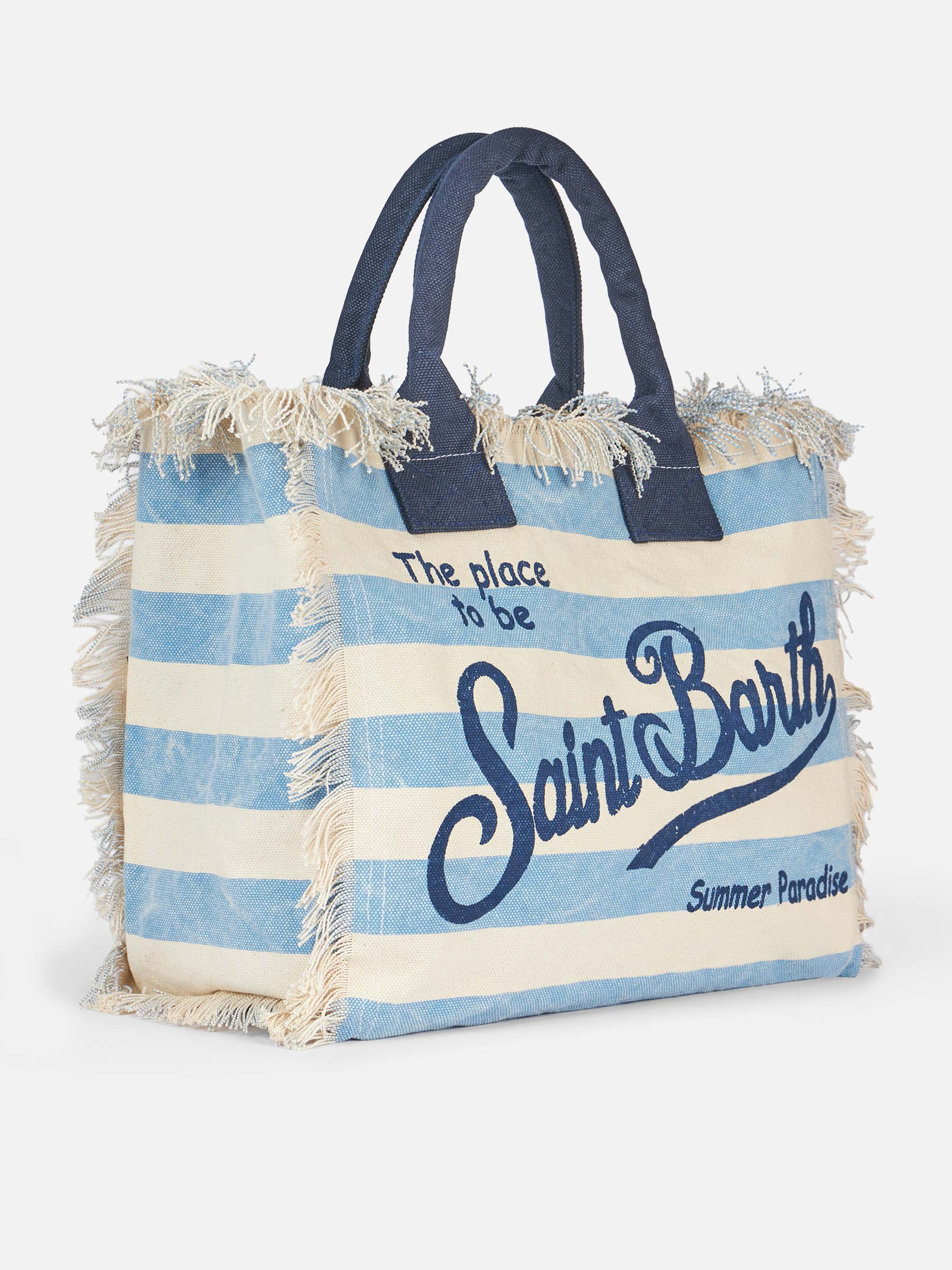 Vanity schoudertas van katoenen canvas met blauwe streepprint.