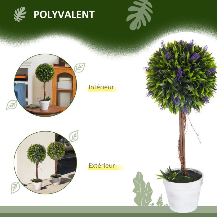 Conjunto de 2 plantas artificiales - HOMCOM - con flores de lavanda - tronco y maceta incluidos - altura 60 cm - verde
