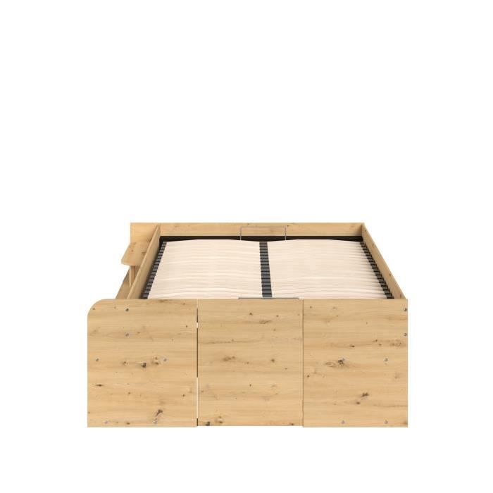 Cama con almacenamiento para adultos ODYSSEE - 140 x 190/200 cm - Con almacenamiento elevable - Acabado en roble y negro - 166,2 x 66,5 x 205,8 cm
