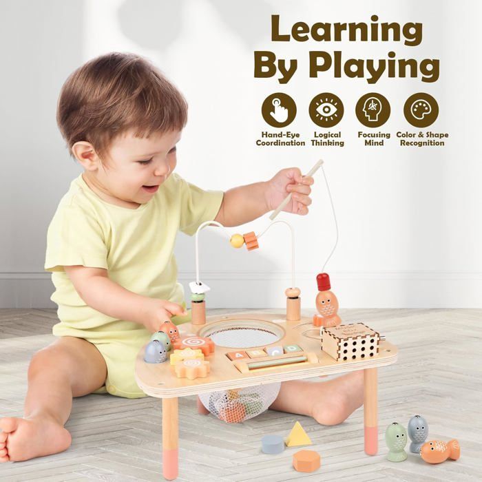 Mesa de atividades de madeira para bebês - ZUUKO - Montessori - Labirinto de contas - Classificador de formas - Oitava musical