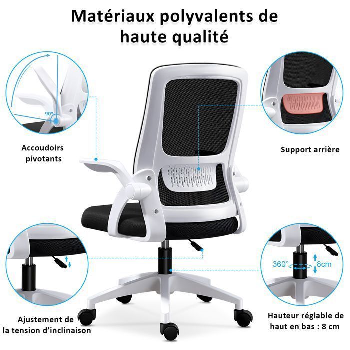 Chaise de bureau - MAGICFOX - Ergonomique - Dossier en maille - Réglable en hauteur - Blanc