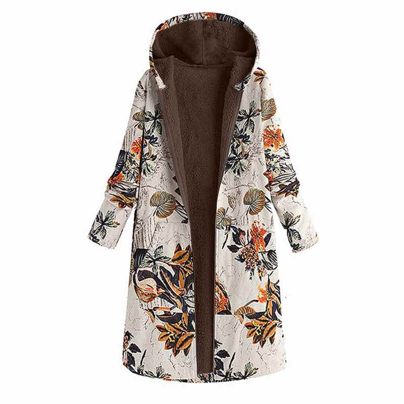Hillsionly Plus Size Manteau Femme Hiver Women's Retro Printing Cotton Jacket Hooded Zipper Long Women's Jacket Cotton Clothing