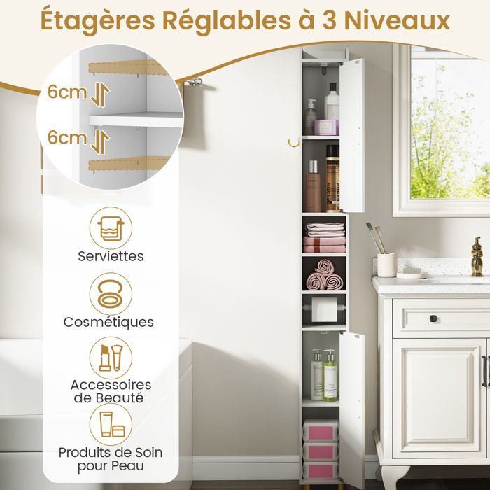 Mueble columna para baño COSTWAY de 20x20x179cm con 2 puertas y estantes ajustables, para salón, dormitorio u oficina, color blanco.