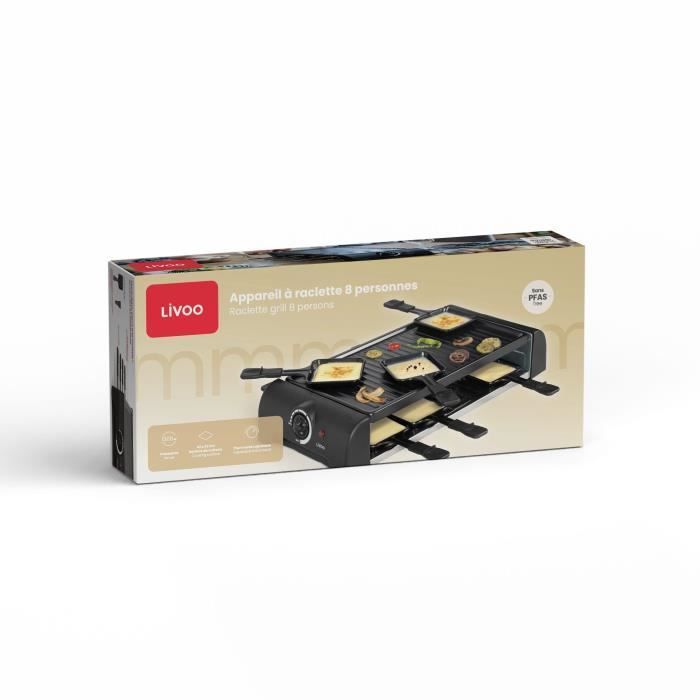 Raclette para 8 personas - LIVOO - DOC312 - 1300W - 8 personas - Placa antiadherente extraíble - Termostato ajustable