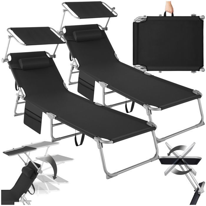 Lettini prendisole - TECTAKE - Set di 2 lettini prendisole pieghevoli CHLOE con 4 posizioni, poggiatesta e tasca laterale - Nero